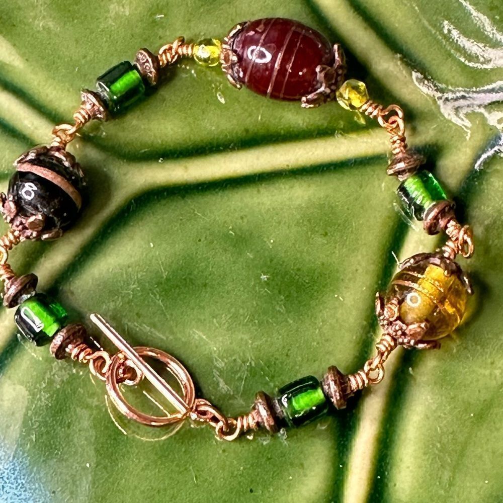 Handcrafted Lampwork Artisan Glass Bead Bracelet Green & Brown Colors